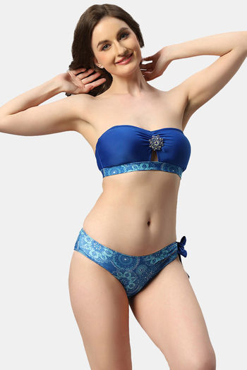 Buy Soie Polyamide Elastane Swim Set With Removable Jeweled Brooch - Blue Print